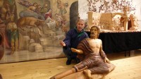 Author of Braun's Nativity Scene model Mr. Leos Prysinger with one of his woodcarvings 